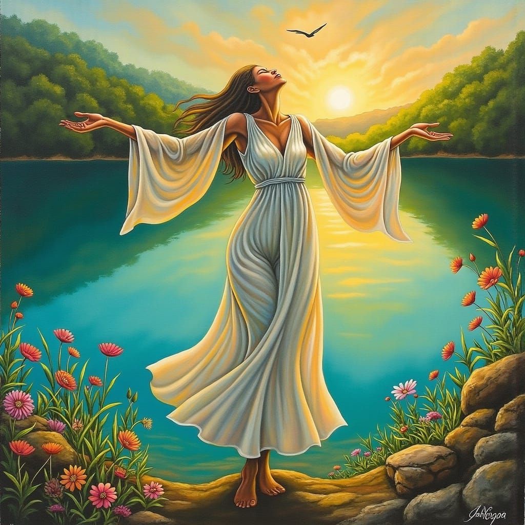 Woman Embracing Sunrise at Lake in Digital Art