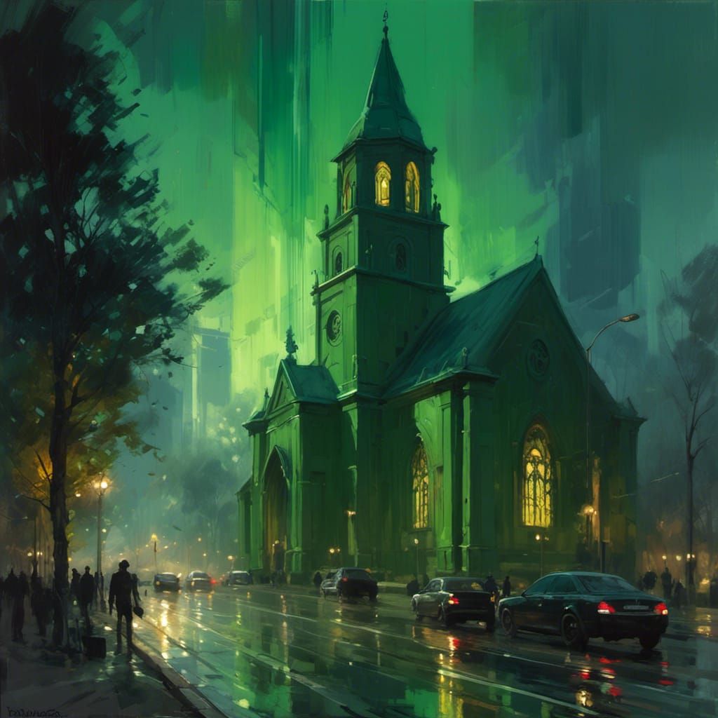 Dramatic Church Painting in Modern City