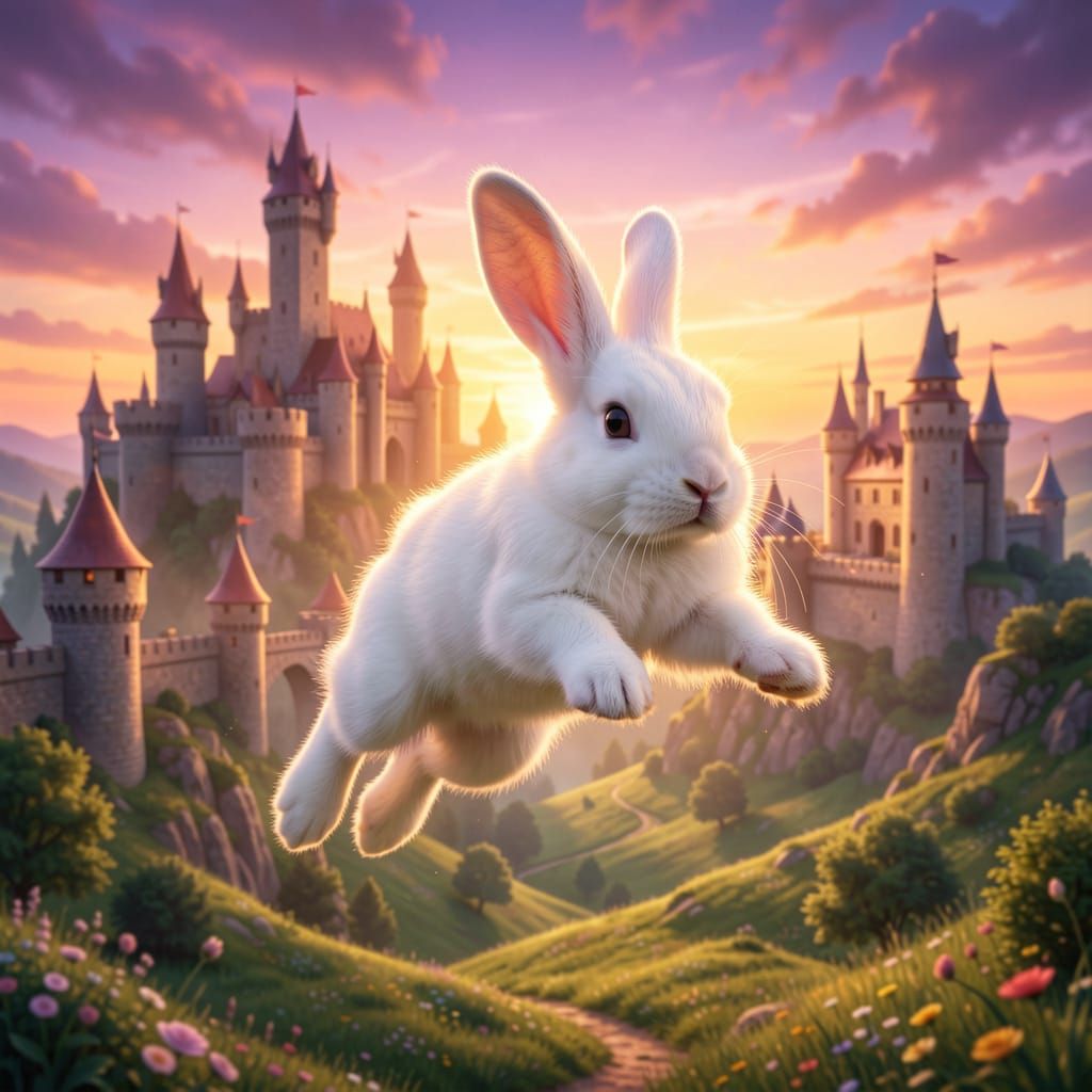 Realistic Bunny Soaring Over Fantastical Kingdom at Sunset