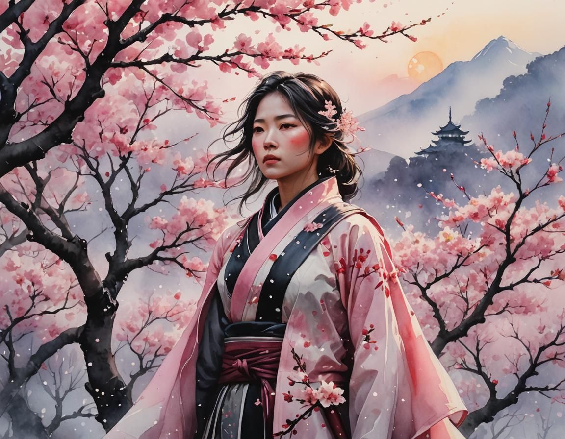 Cherry Blossom Warrior in Watercolor Style