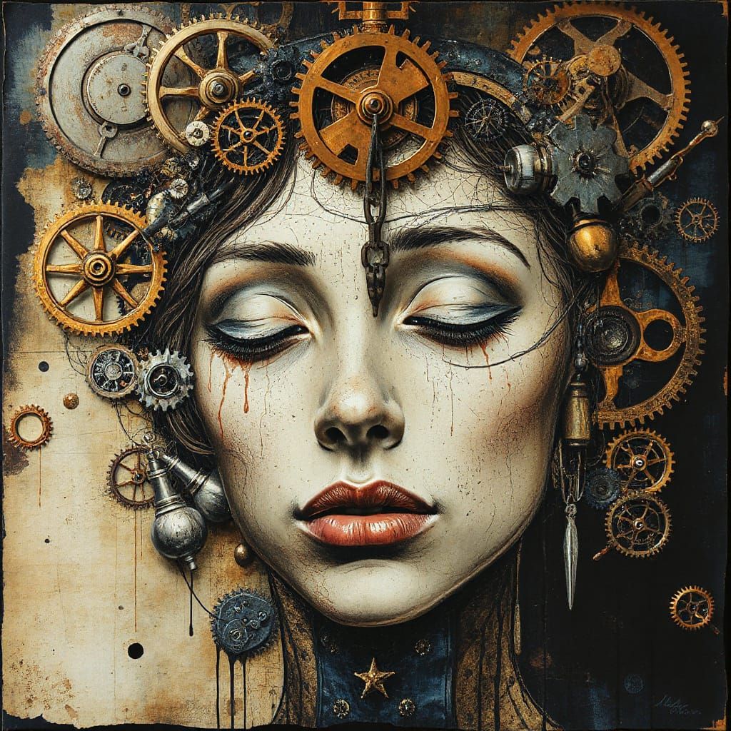 Dreaming Face in Grunge Fusion of Mixed Media