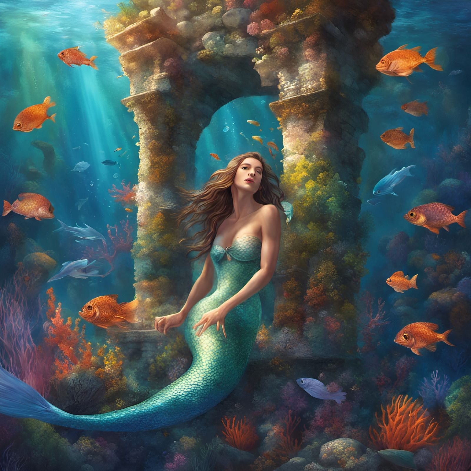 3d Mermaid swimming underwater, art by visualdon, dappled shimmering light, background colorful fish and coral, underwat...