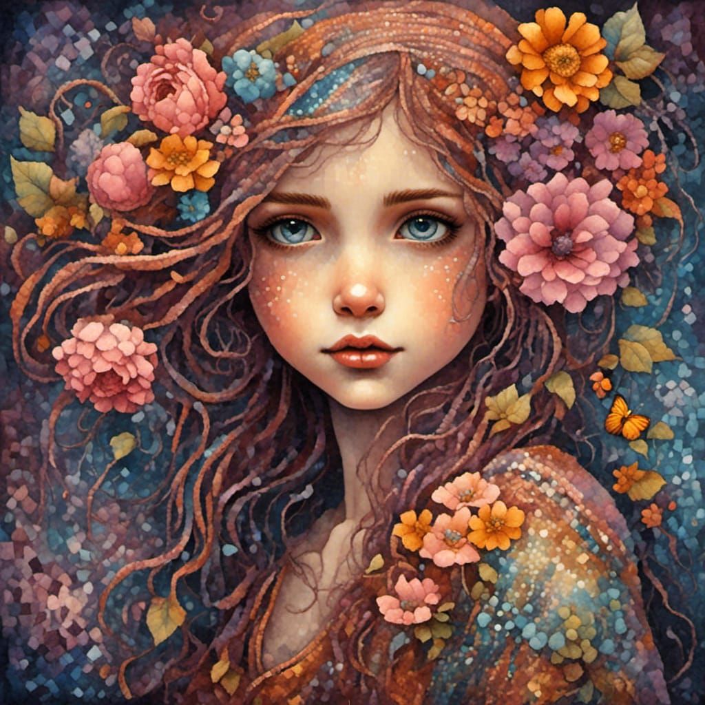 Girl in Floral Tapestry: Metallic Coloristic Painting