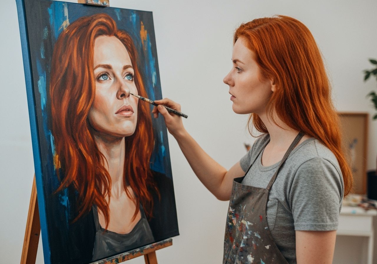 Red Haired Artist Painting Self Portrait