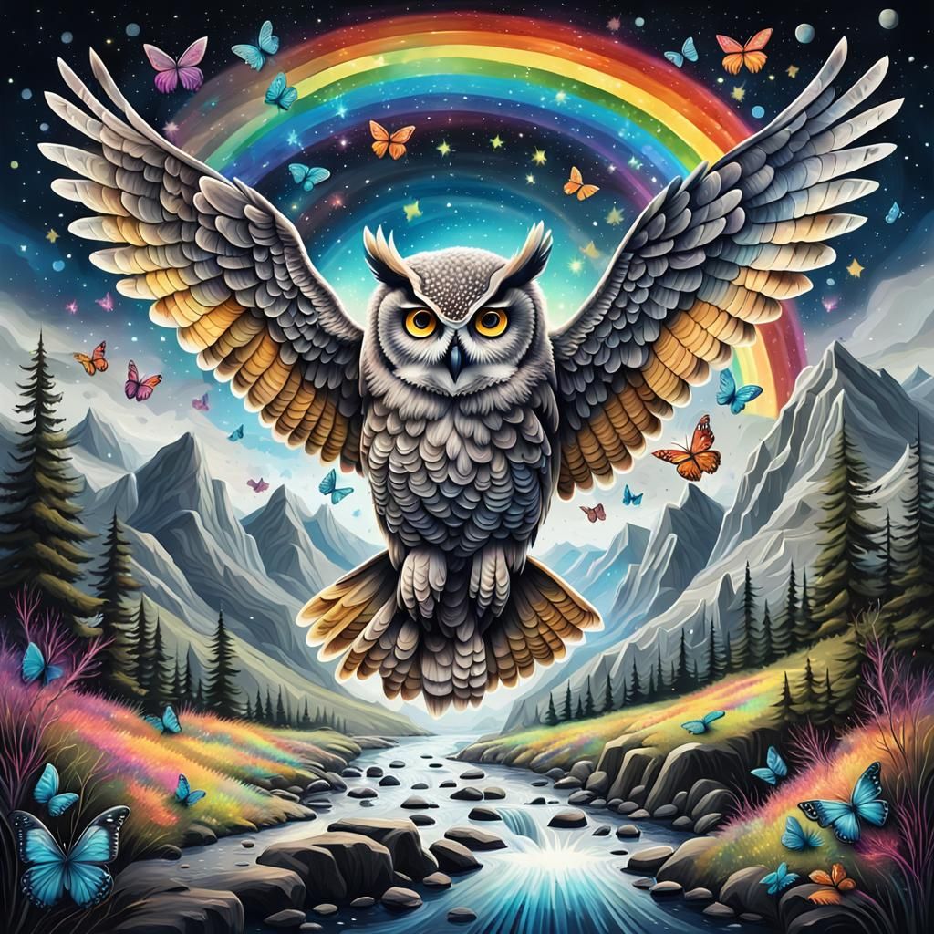 Owl Soaring Through Starry Sky in Graffiti Art