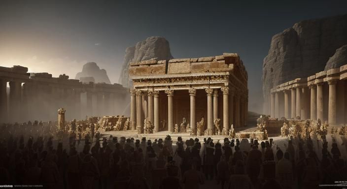 ancient mesopotamian village, spartans crowd an ancient temp...