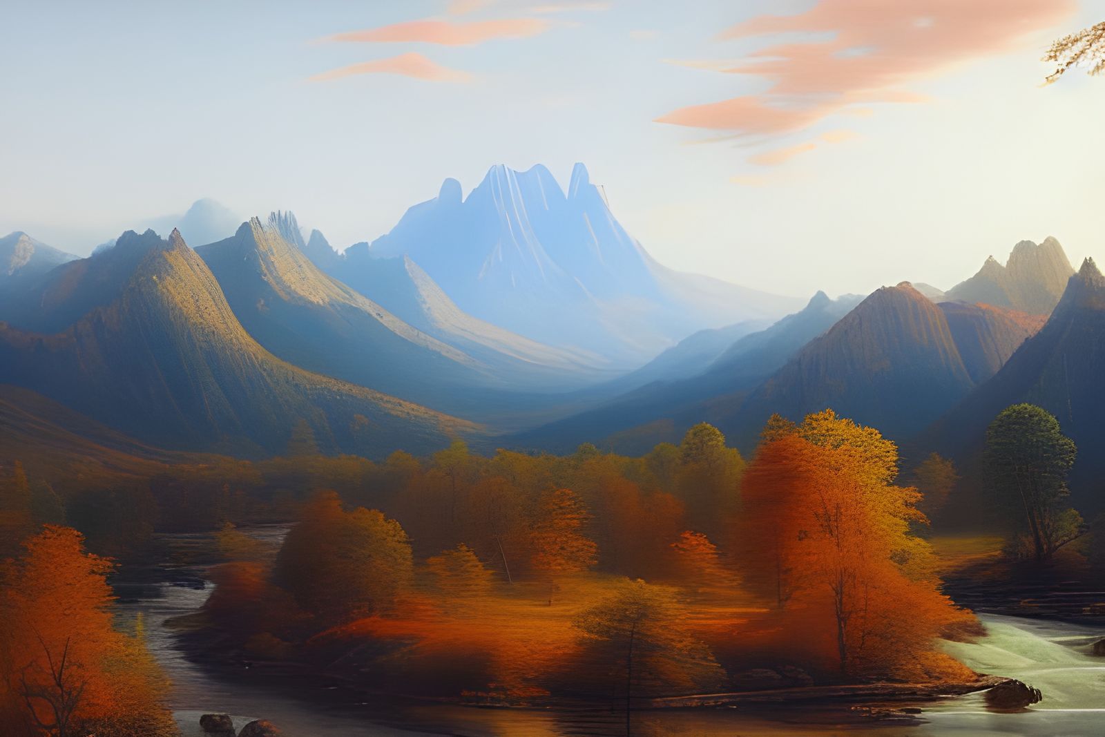 Autumn Mountain Valley Painting in Surreal Style