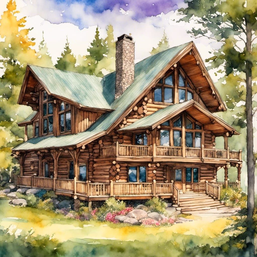 Storybook Log Home with Balcony in Sunlight