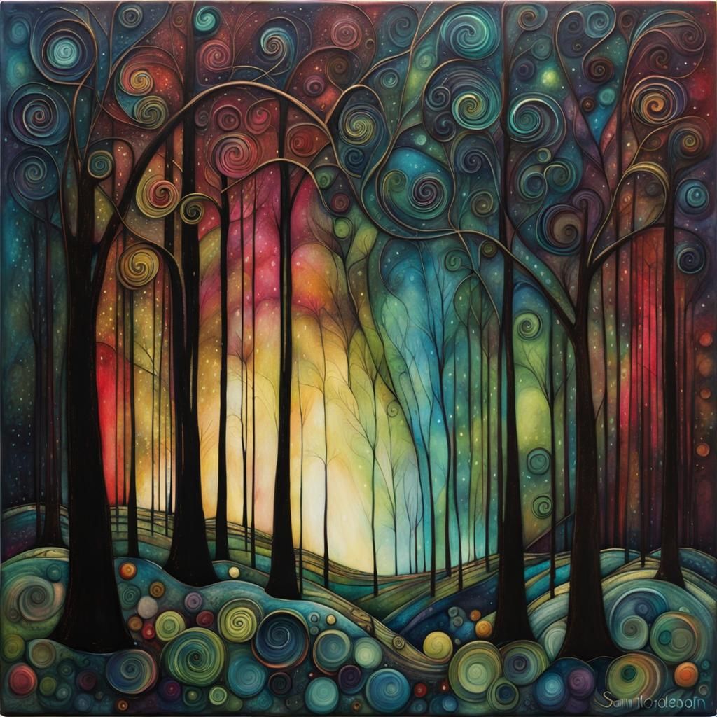 Encaustic Northern Lights Through Redwood Forest