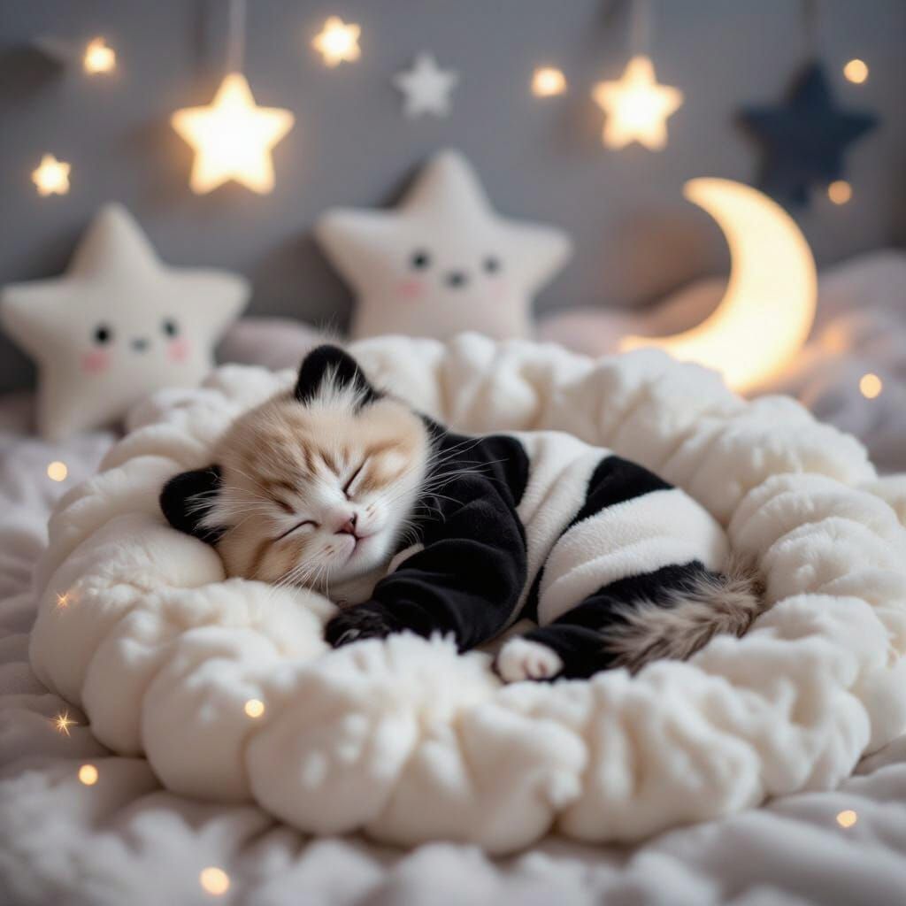 Adorable Kitten Sleeping in Panda Pajamas on Cloud