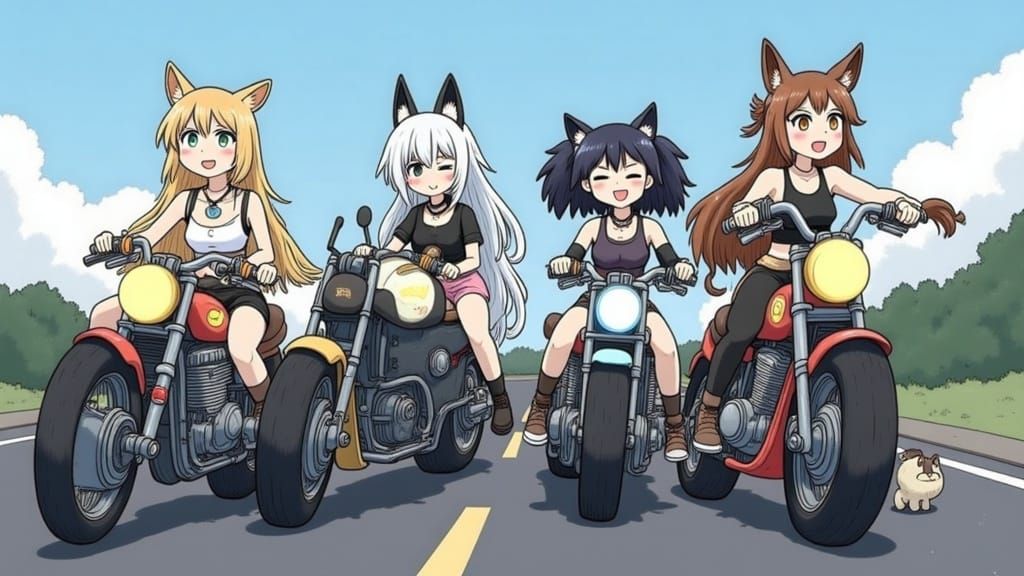 Anime Girl Band on Motorcycles in Anime Style