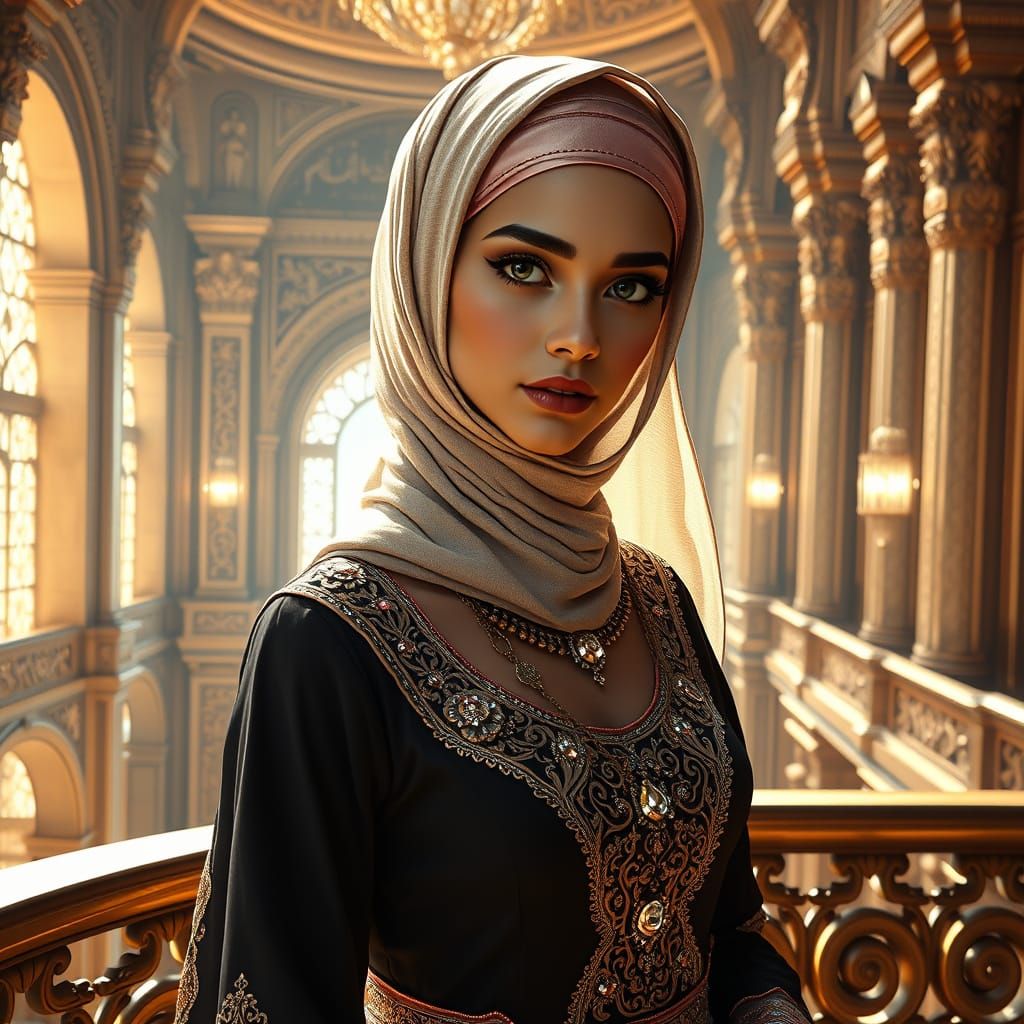 Dark Fantasy Arabic Princess on Lavish Palace Balcony