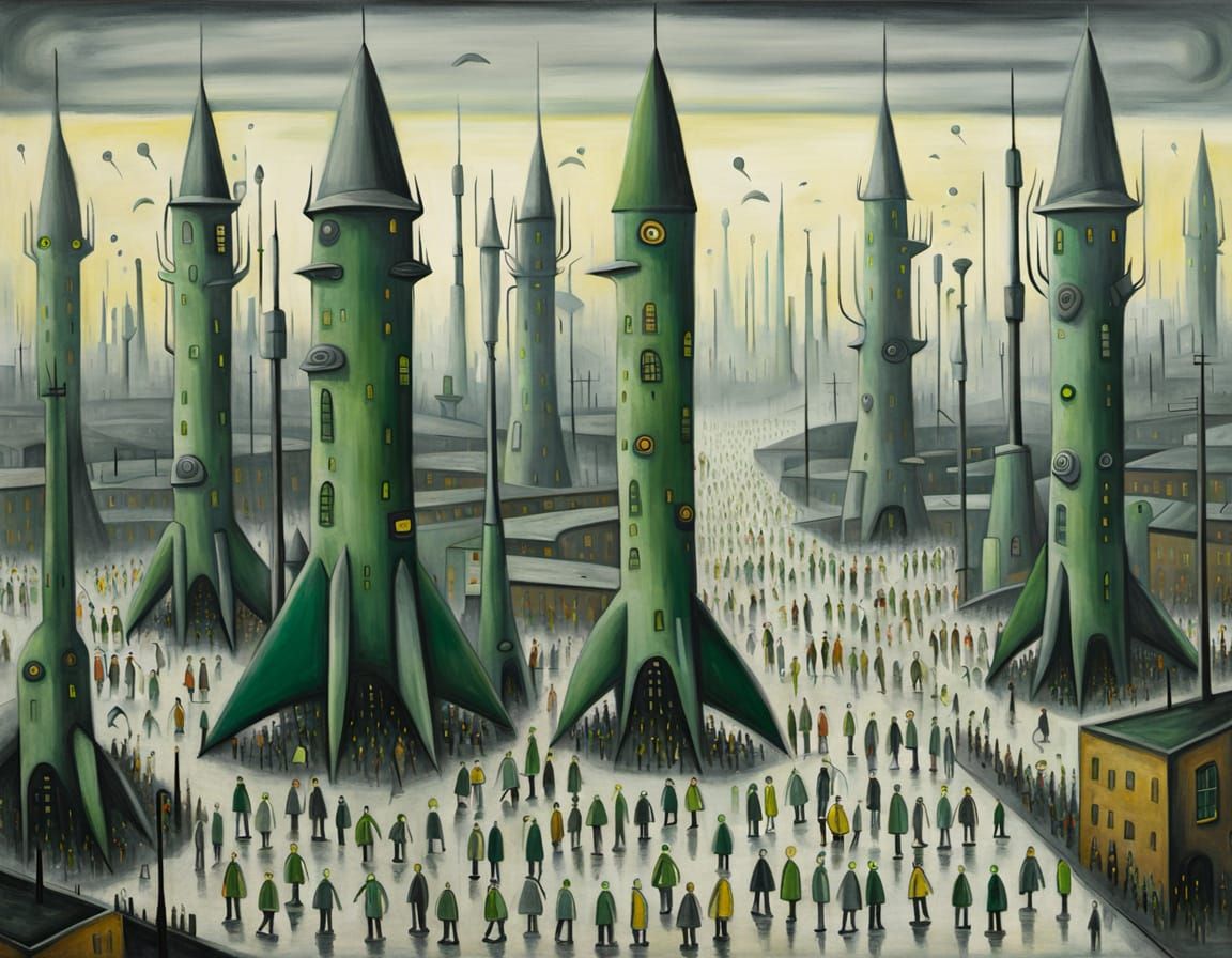 Brutalist Alien Metropolis with Matchstick Figures