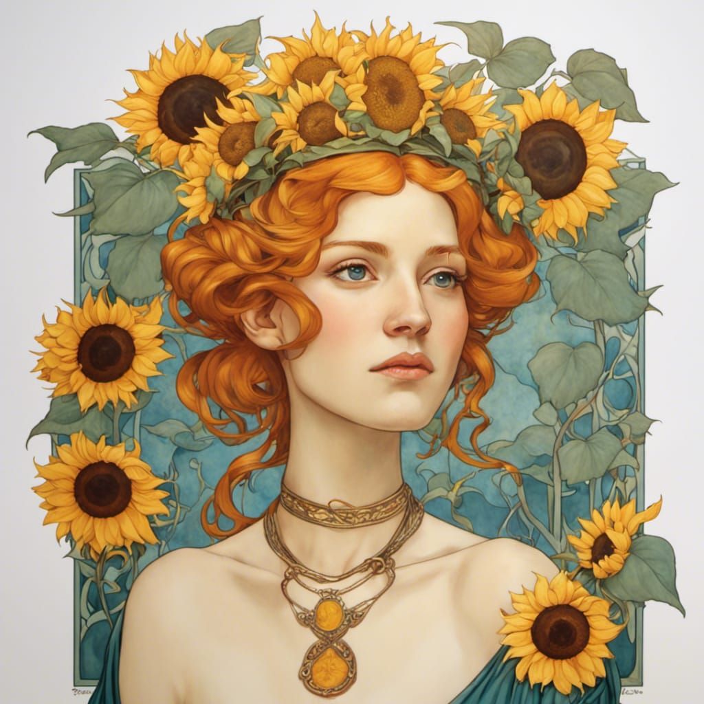 Pre-Raphaelite Woman with Sunflower Crown