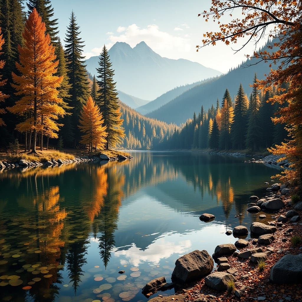 Pixelated Autumnal Lake Reflecting Fall Colors
