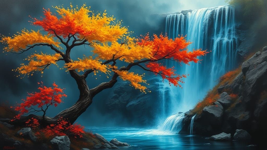 Autumn Tree by Waterfall: Digital Fantasy Oil Painting