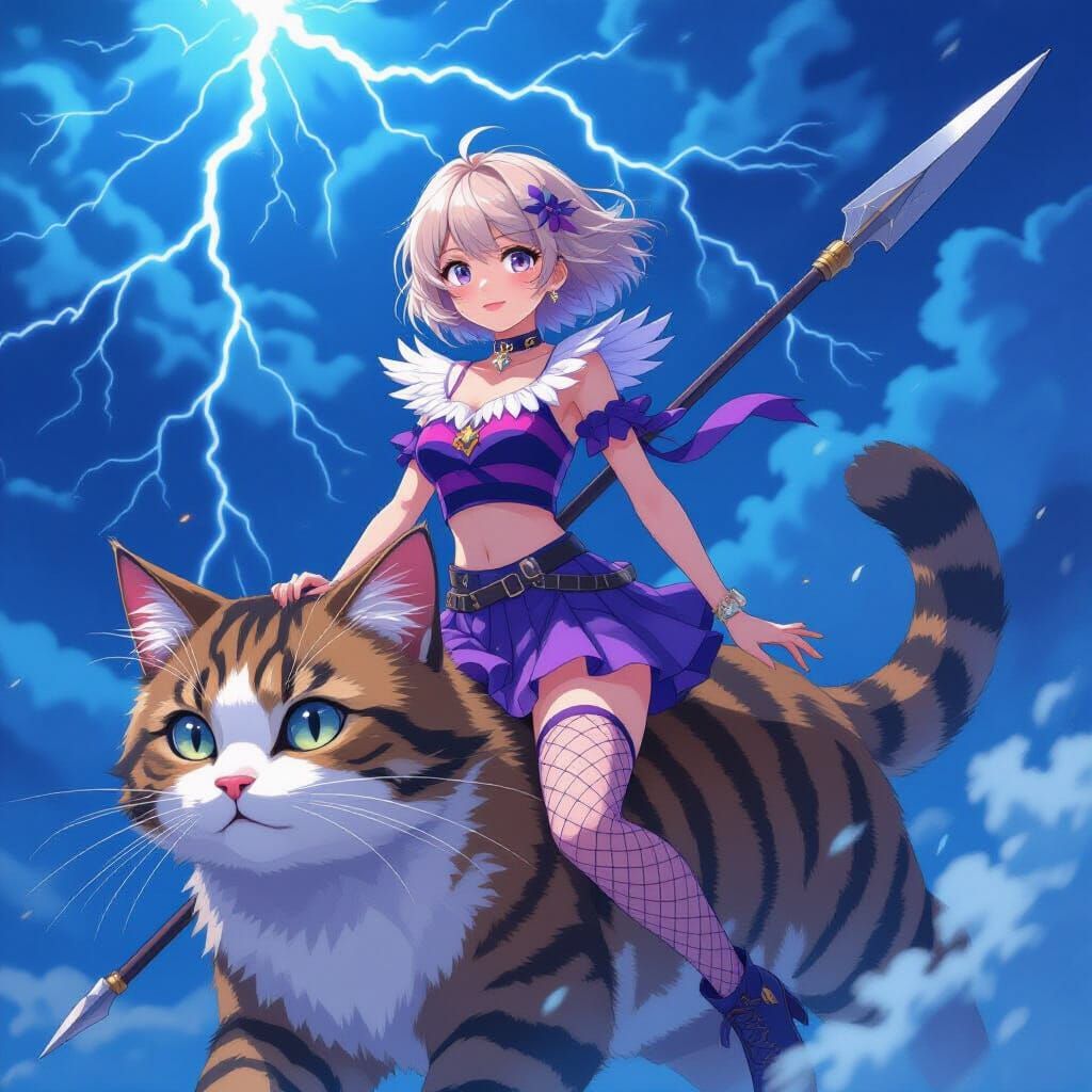Anime Woman Rides Giant Cat Through Stormy Sky