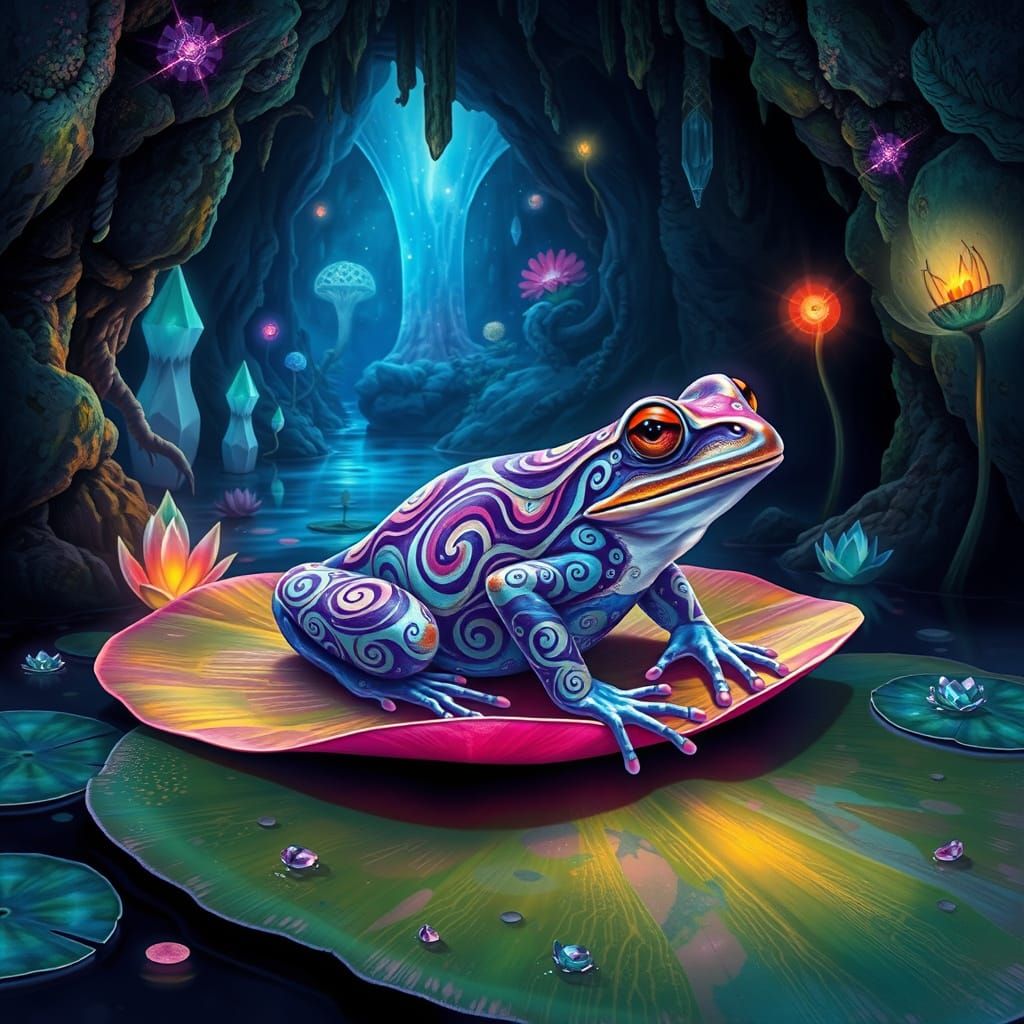 Psychedelic Bioluminescent Frog in a Grotto