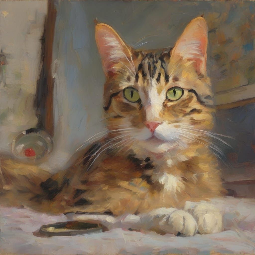 Futuristic Cat Monk in Impressionist Style
