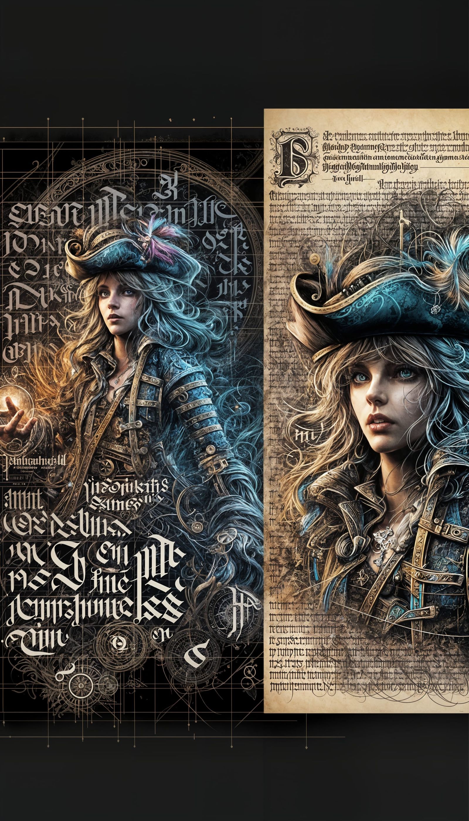 Gothic Steampunk Pirate Maiden in Vibrant Calligraphy