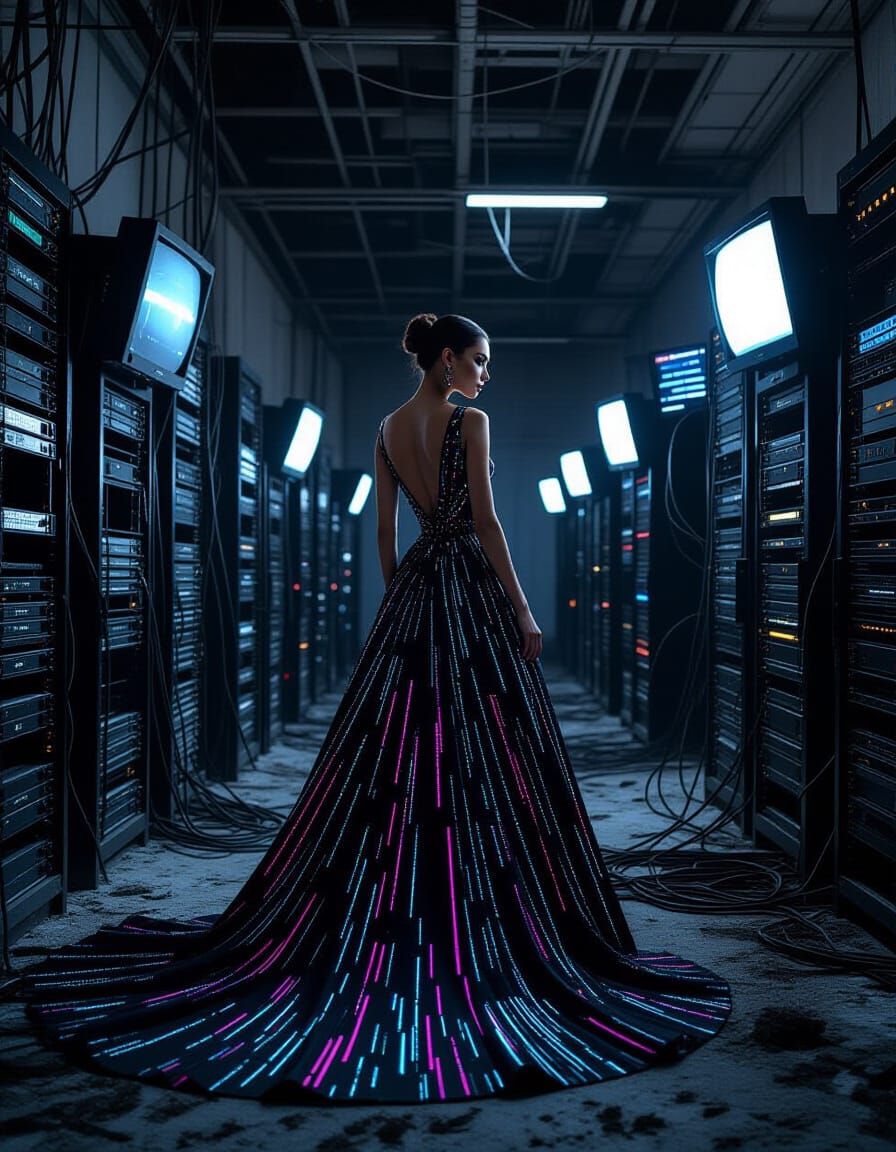 Haute Couture Glitch Art Woman in Abandoned Data Center