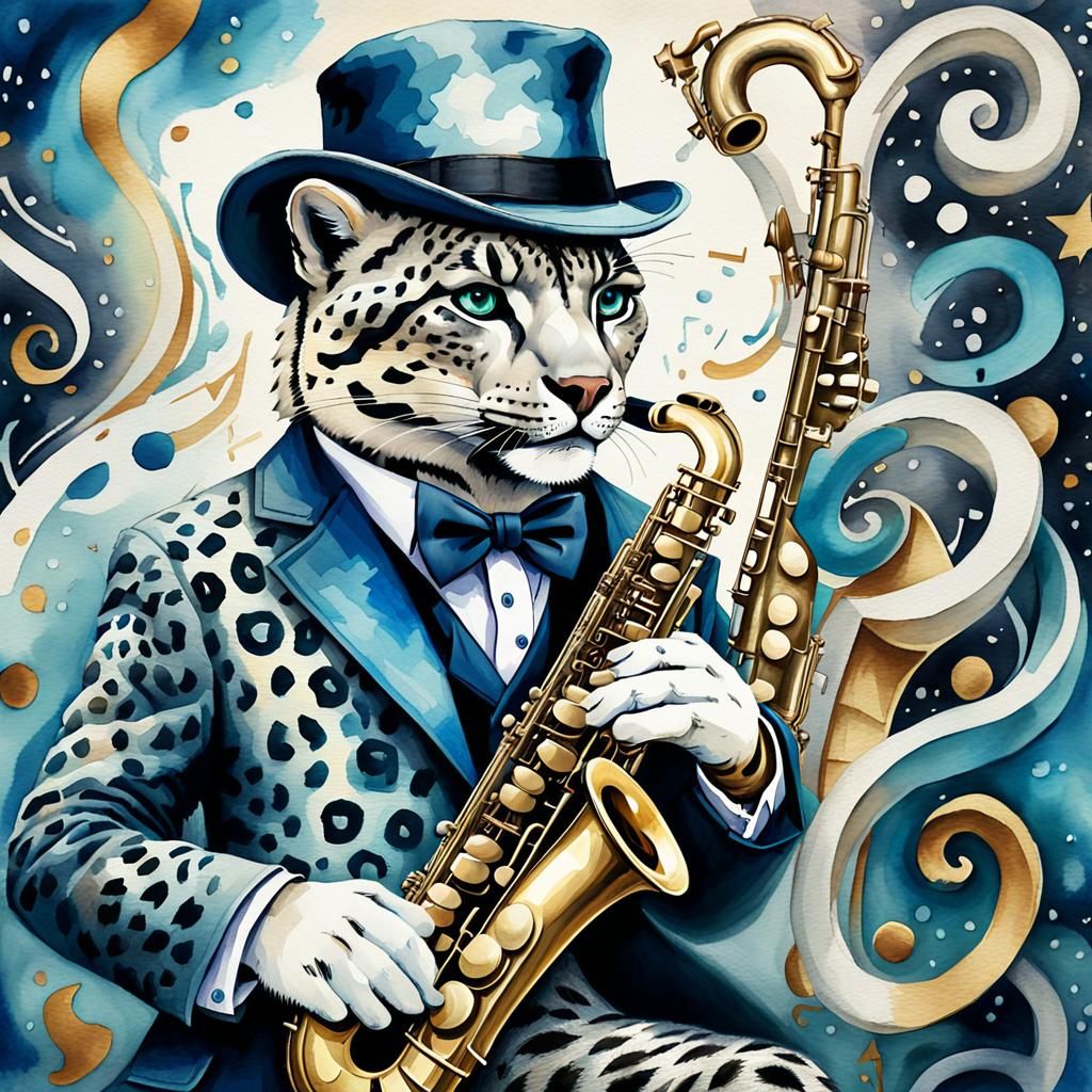 Snow Leopard Jazz Saxophonist in Watercolor Style