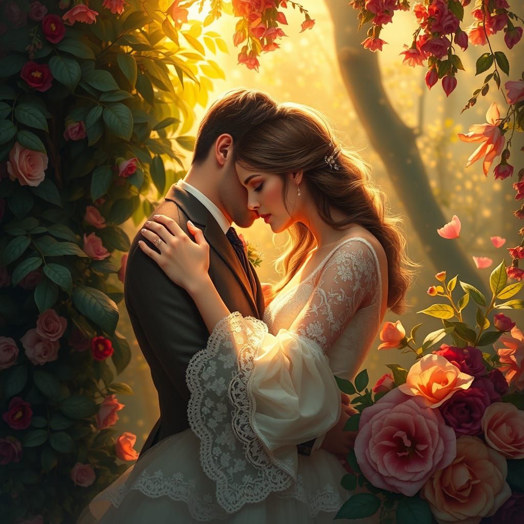 Romantic Couple Embracing in Enchanted Garden