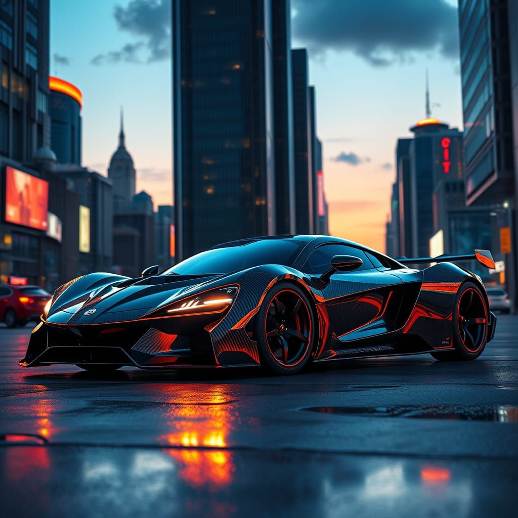 Sleek Super Car in a Futuristic Cityscape