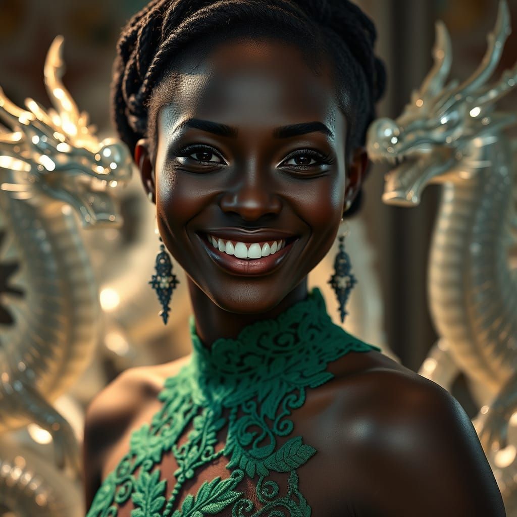 Beautiful Woman with Dragon Sculptures in Lalique Style