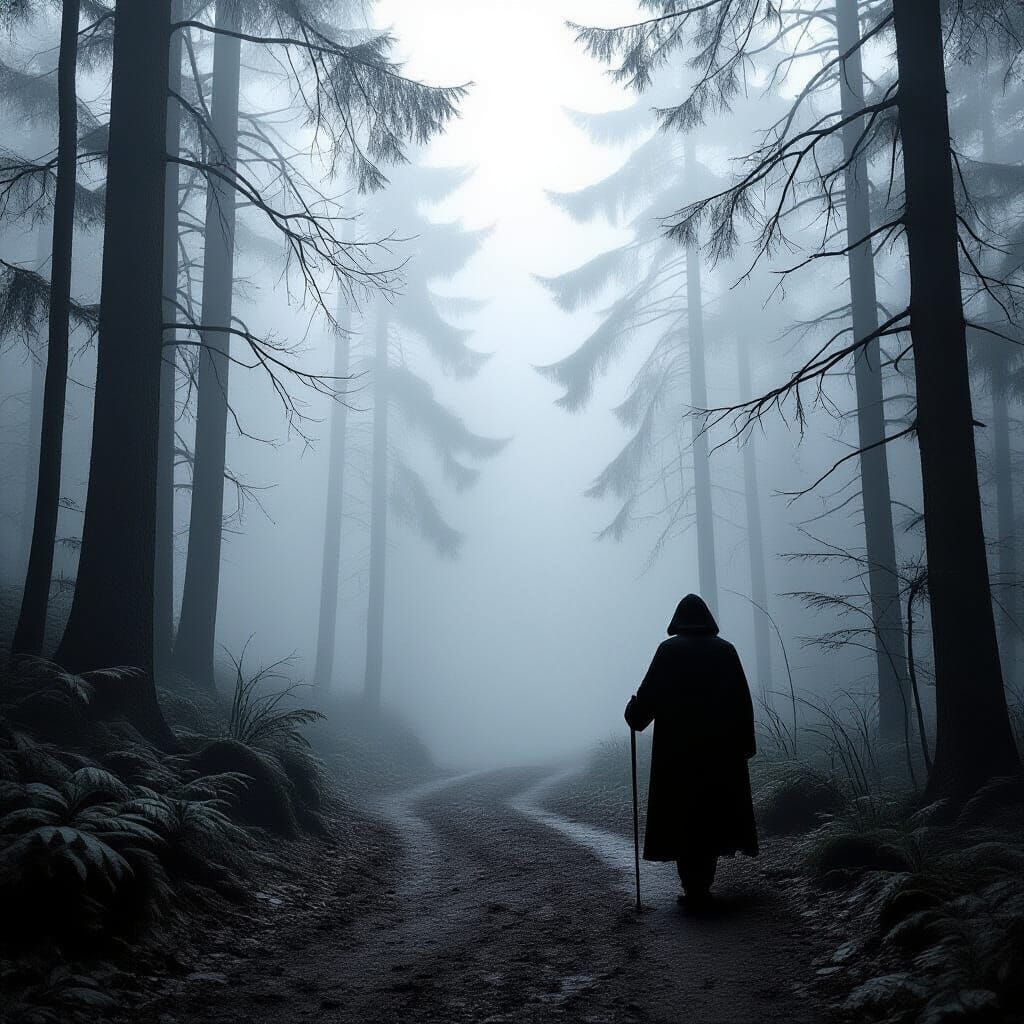 Mysterious Figure in Foggy Forest Trail, B&W Photography