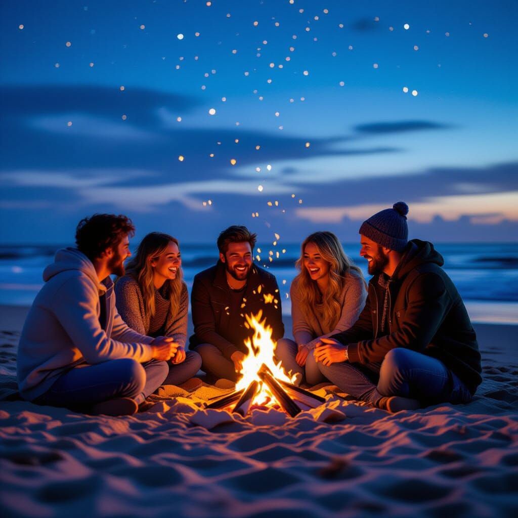 Friends Gather Around Bonfire on Beach at Night