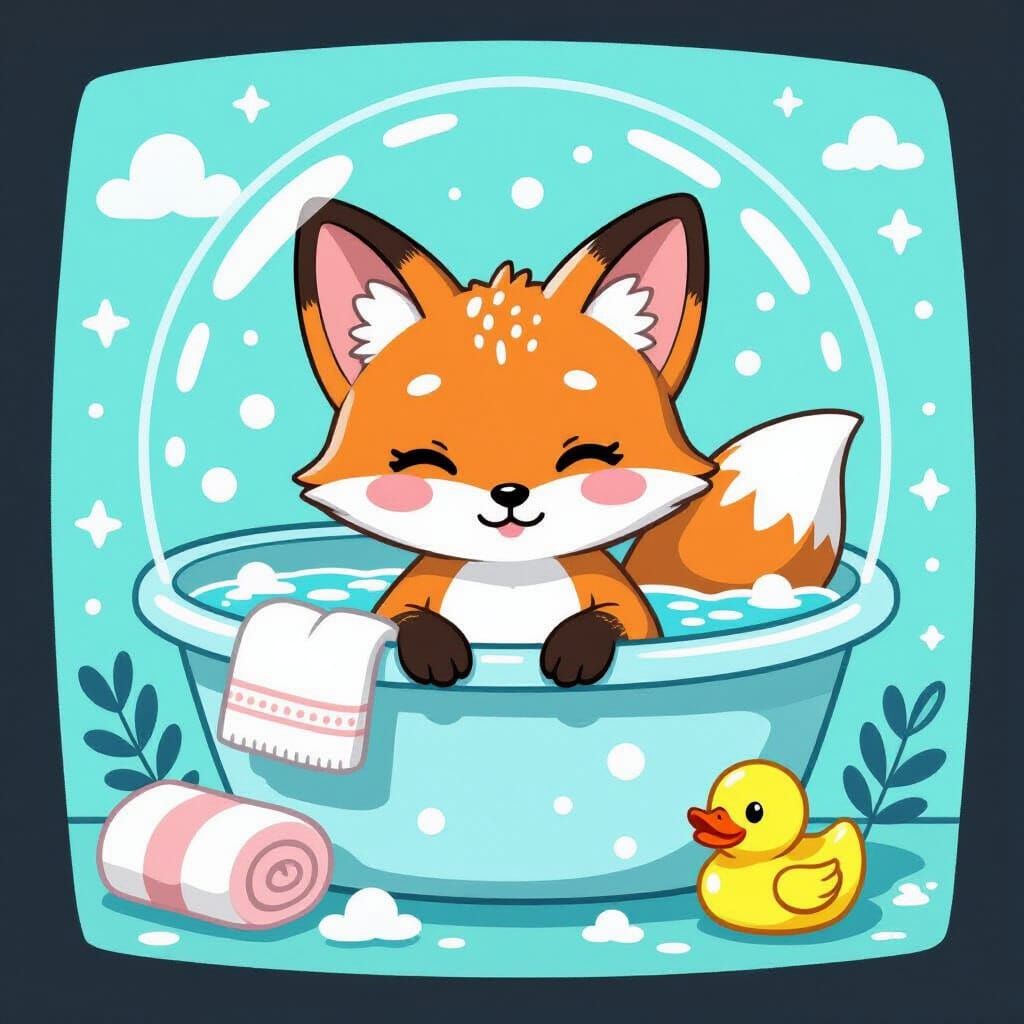 Relaxed Fox in Bubble Bath: Cartoon Style