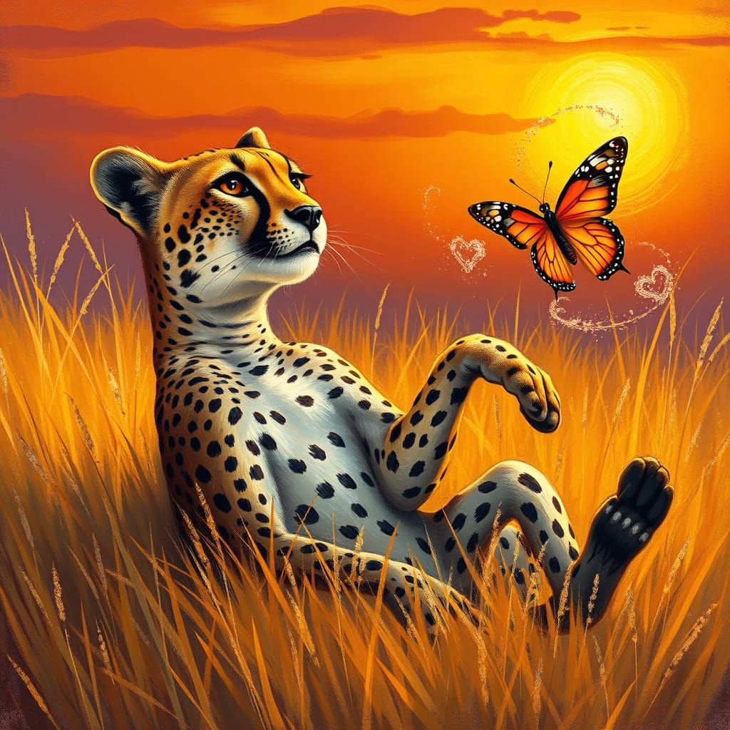Cheetah Chases Butterfly in Golden Savannah Sunset, Impressi...