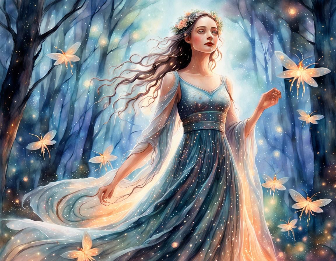 Mystical Forest Woman in Dreamlike Watercolor Style