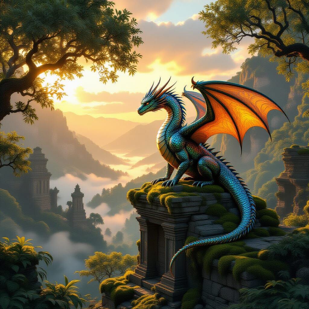 Majestic Dragon Over Misty Valley in Golden Hour