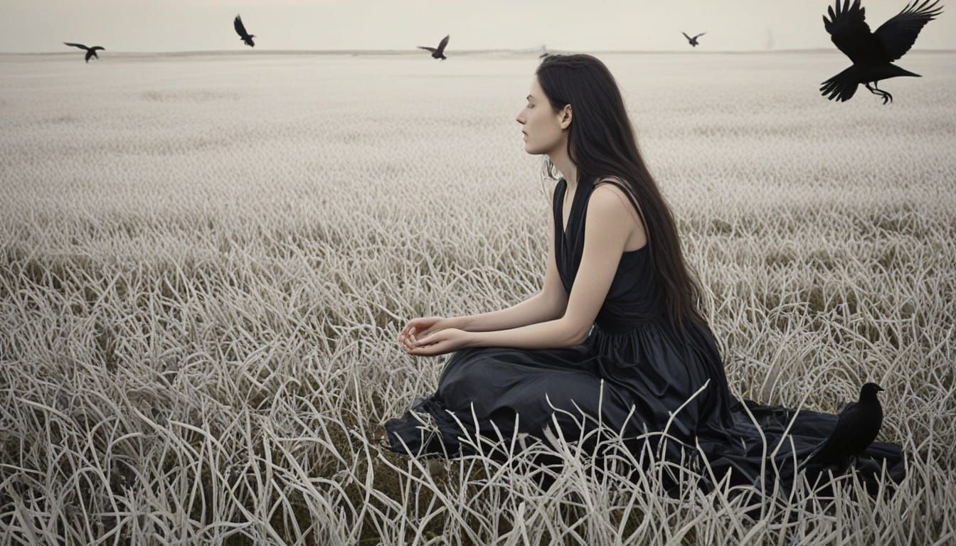 Woman Embodies Fortitude in a Surreal, Dreamlike Landscape