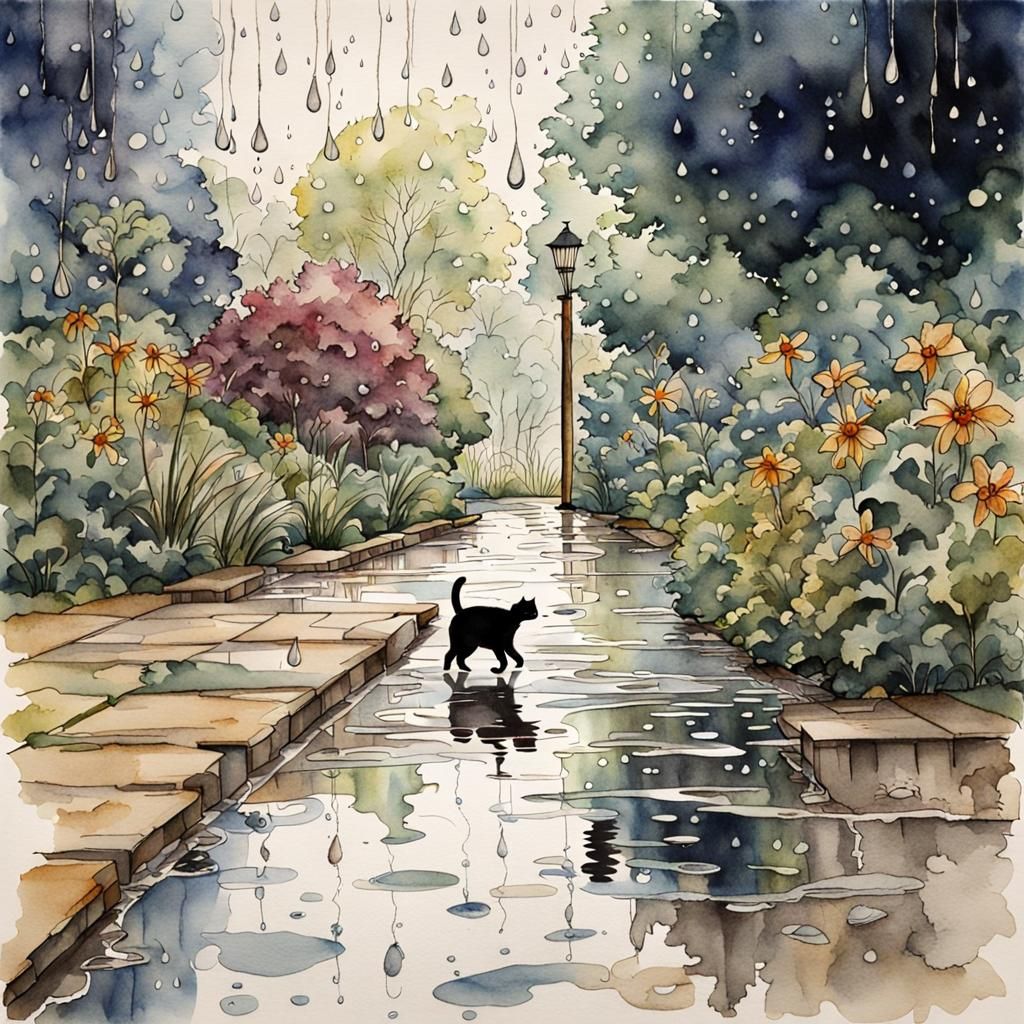 Cat Leaping Over Puddle Reflection in Watercolor