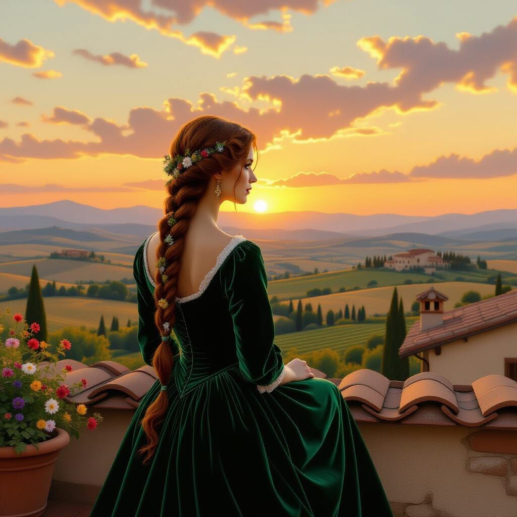 Medieval Woman on Tuscan Rooftop at Sunset