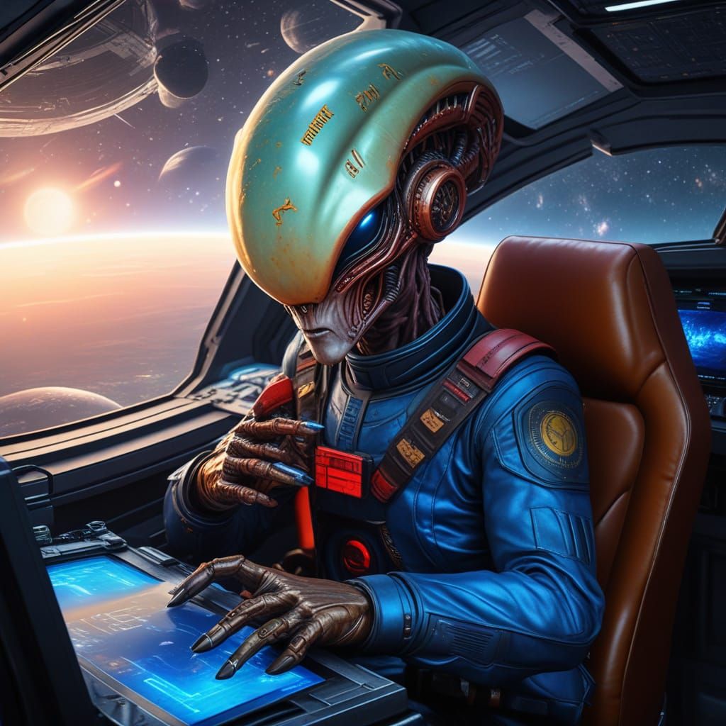 Regal Alien Pilot in High-Tech Spaceship Cockpit