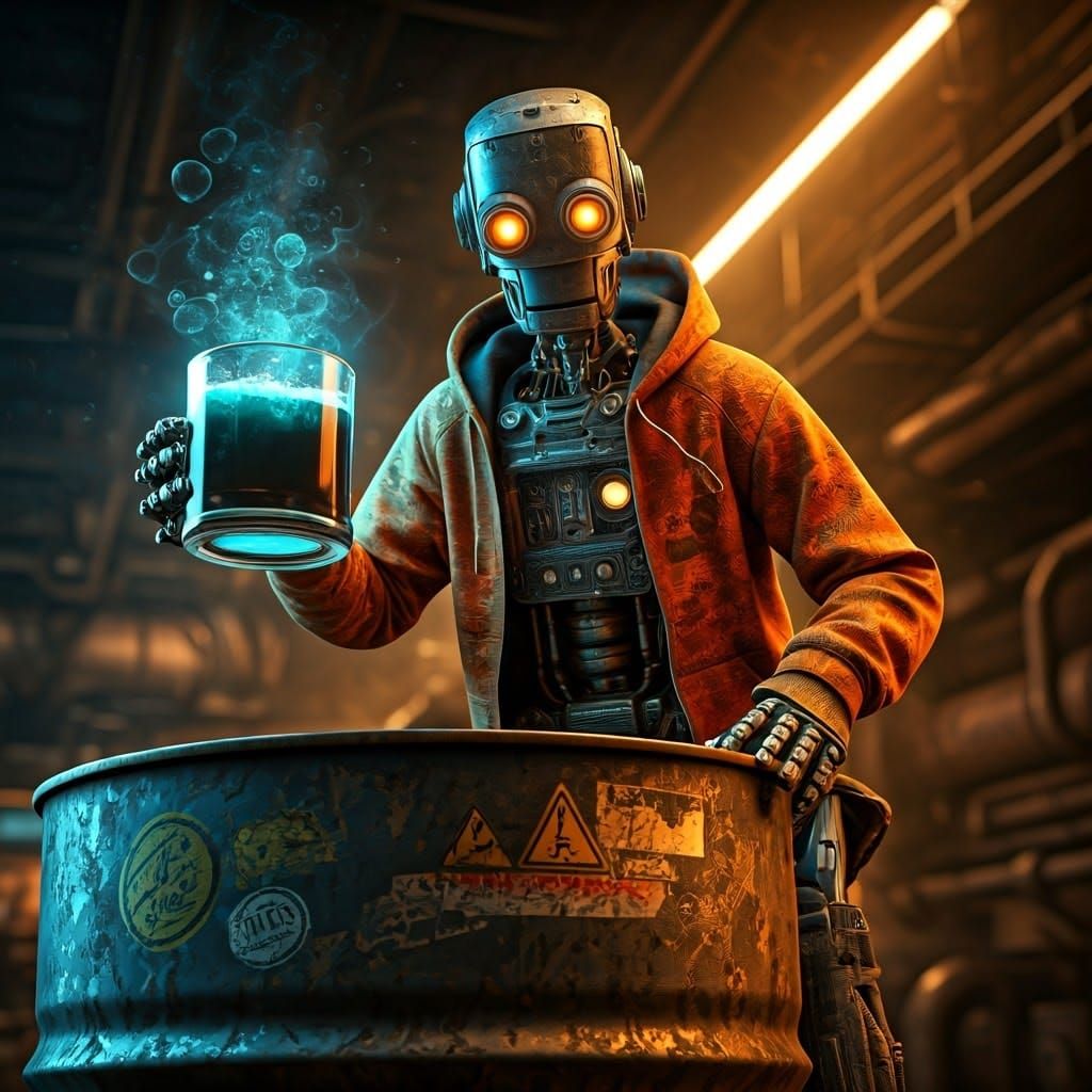 Hyperrealistic Robot with Engine Oil in Industrial Setting