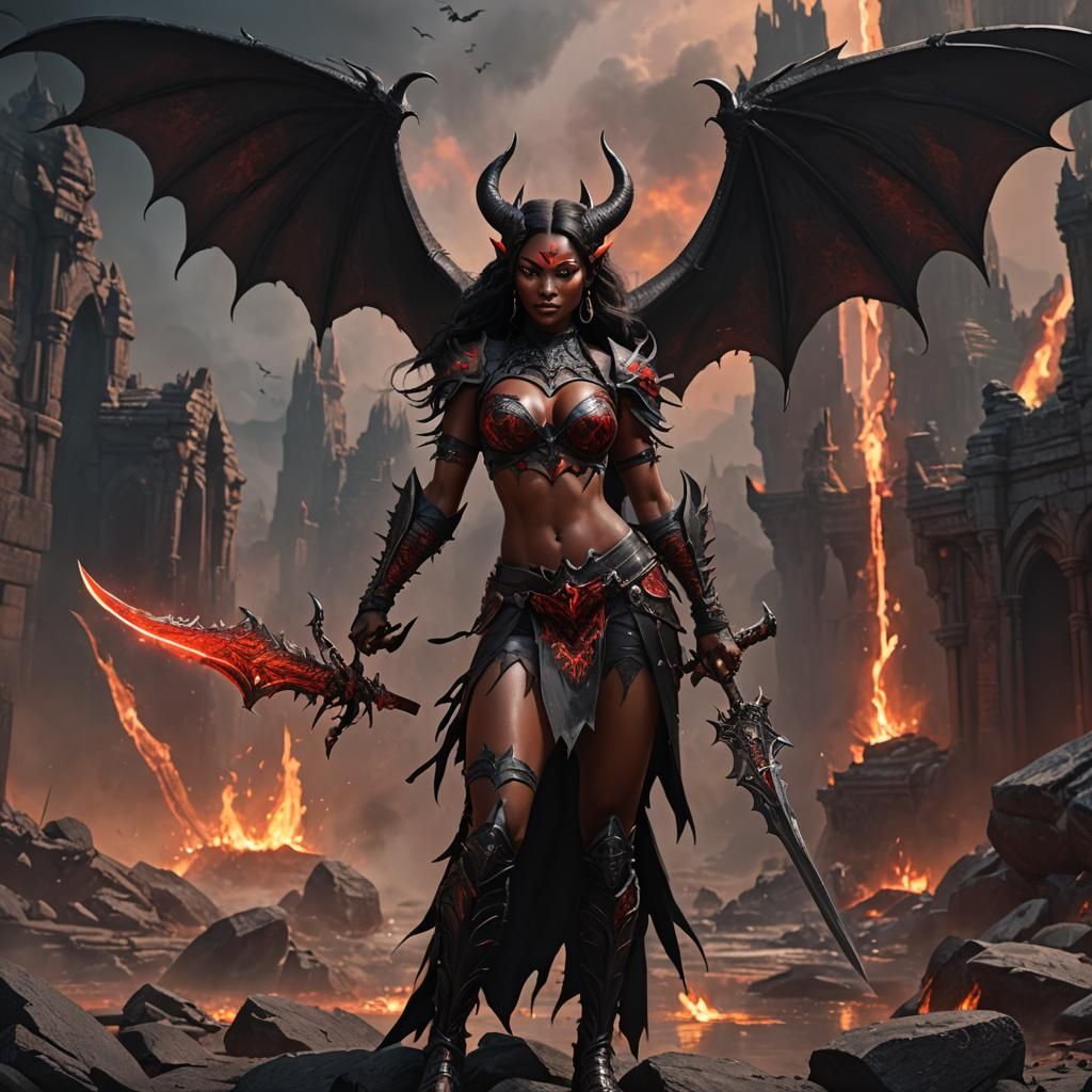 Demoness with Sword in Fiery Abyss: Matte Painting