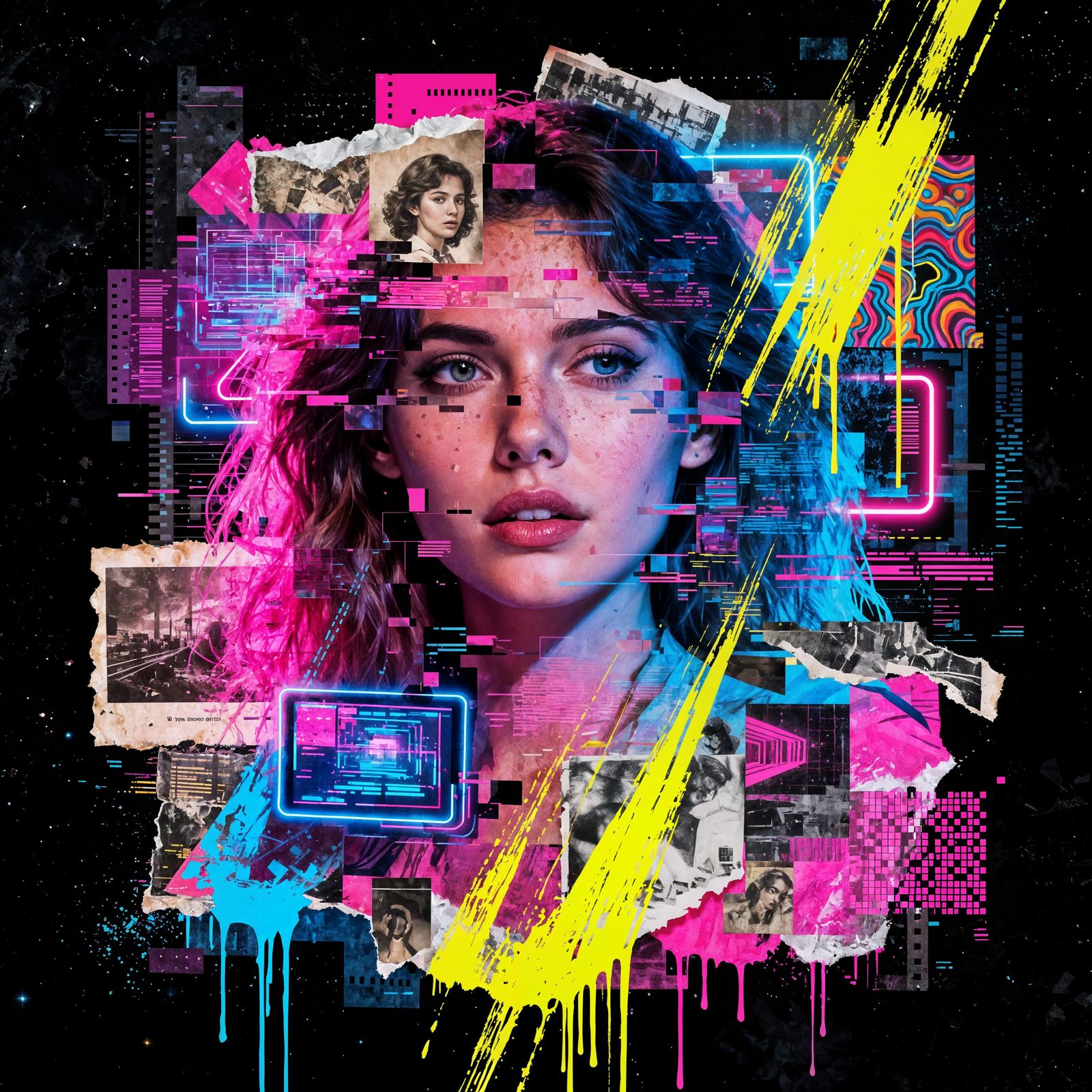 Glitchy Collage Photo with Neon Drips