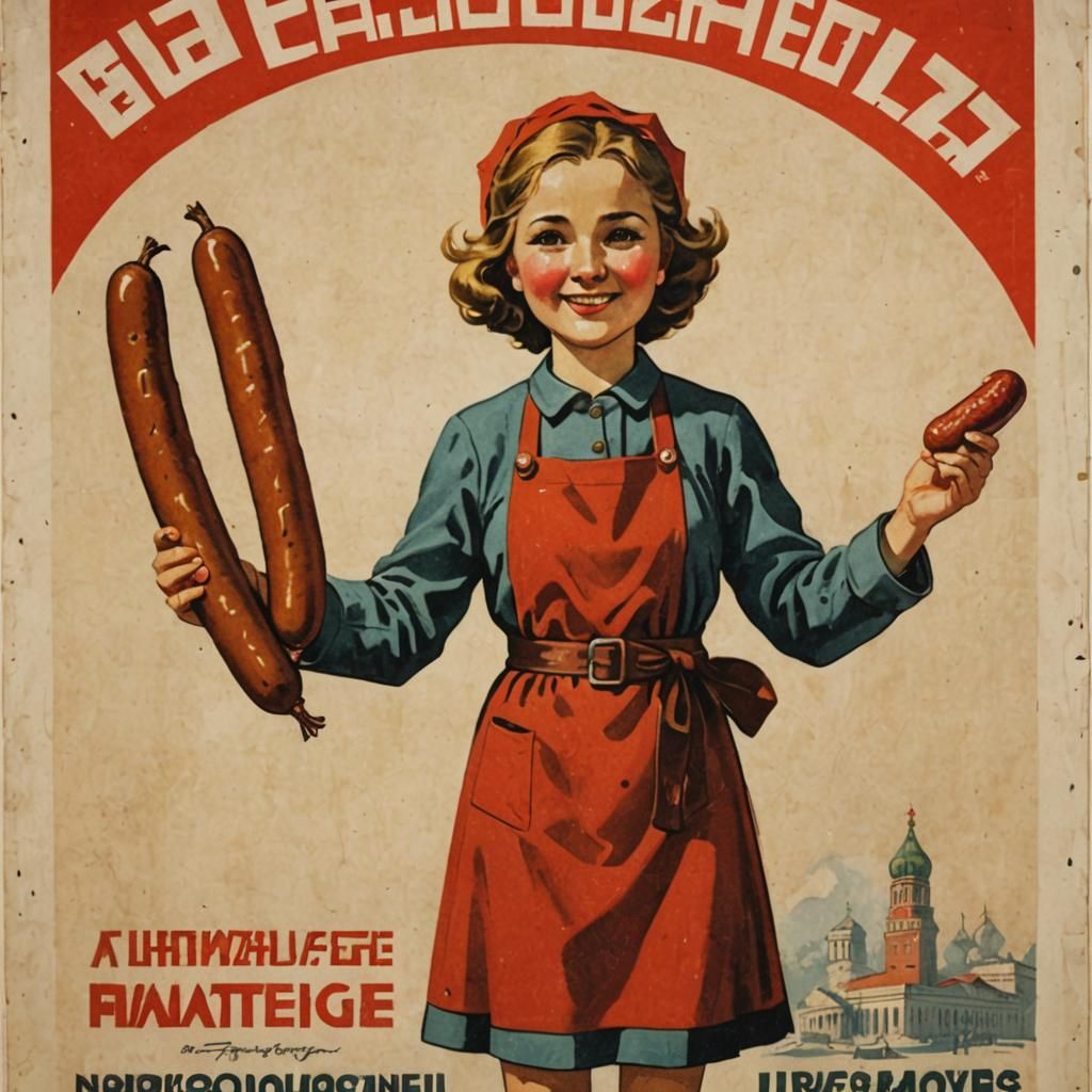 Happy Girl with Sausage in Soviet Poster Style