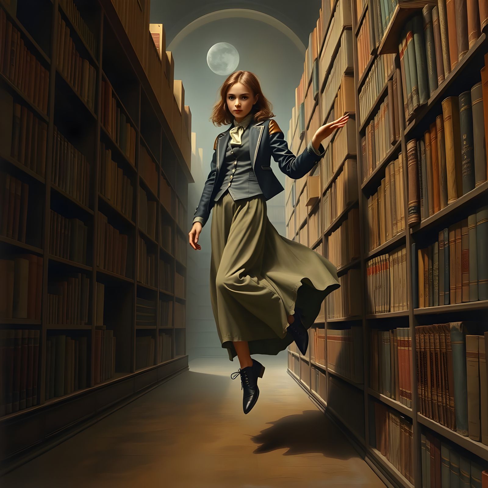 Whimsical Academic Muse Amidst Dusty Tomes