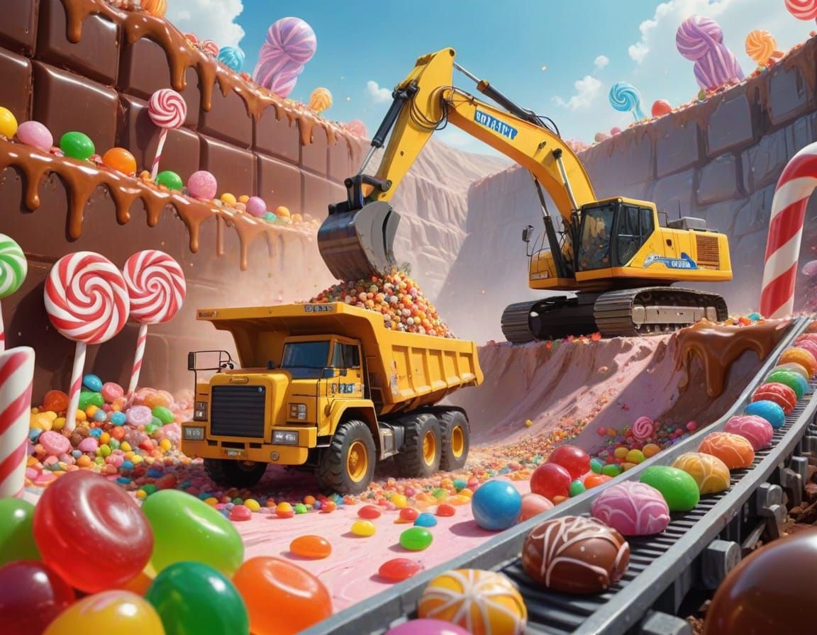 Giant Candy Quarry with Trucks and Sweets