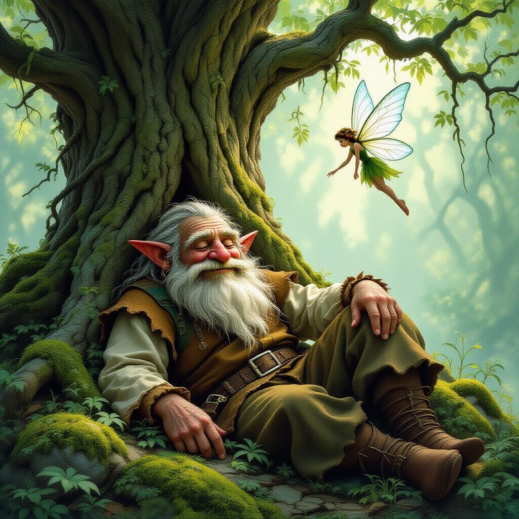 Troll and Fairy in Tranquil Forest, Matte Painting