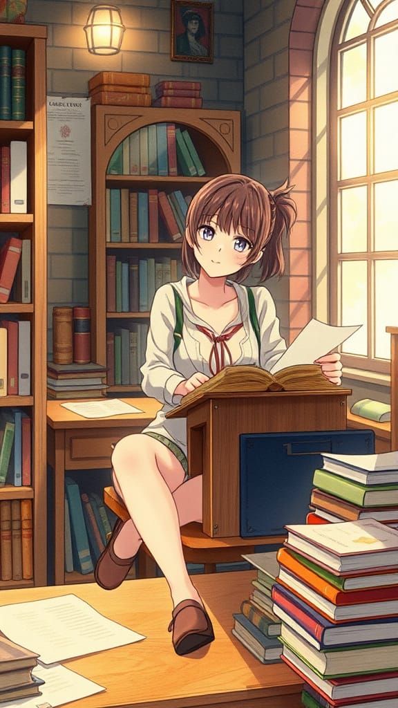 Cozy Library Scene in Anime Style