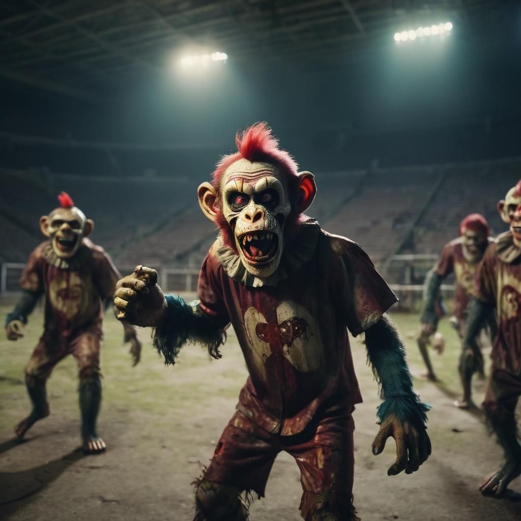 Zombie Monkey Clowns Play Football in Abandoned Stadium