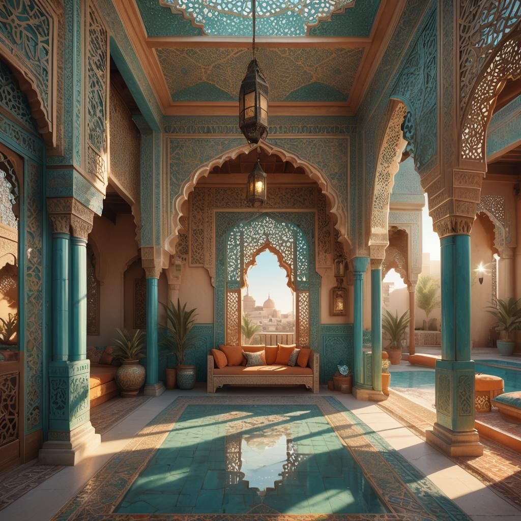Sunlit Moroccan Veranda with Ornate Islamic Design