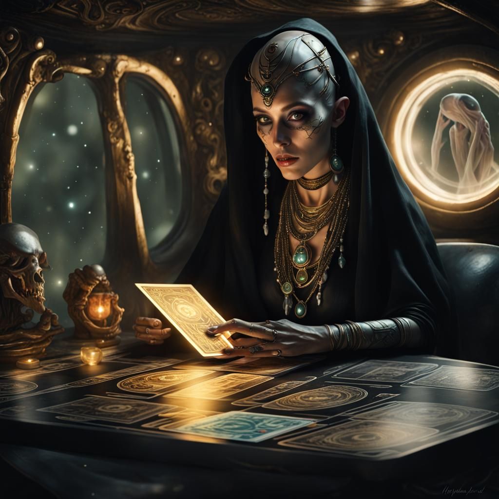 Alien Tarot Reader in Spaceship: Hyperrealistic Splash Art
